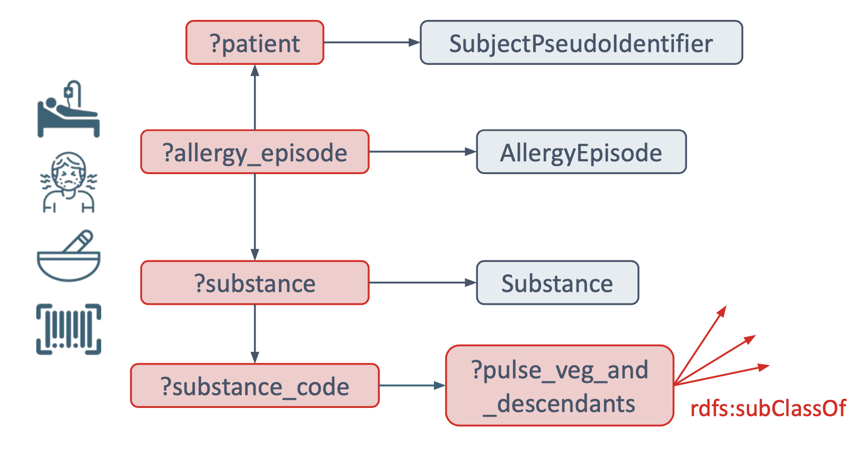Diagram complementing the SPARQL query for Patients allergic to Pulse Vegetable.